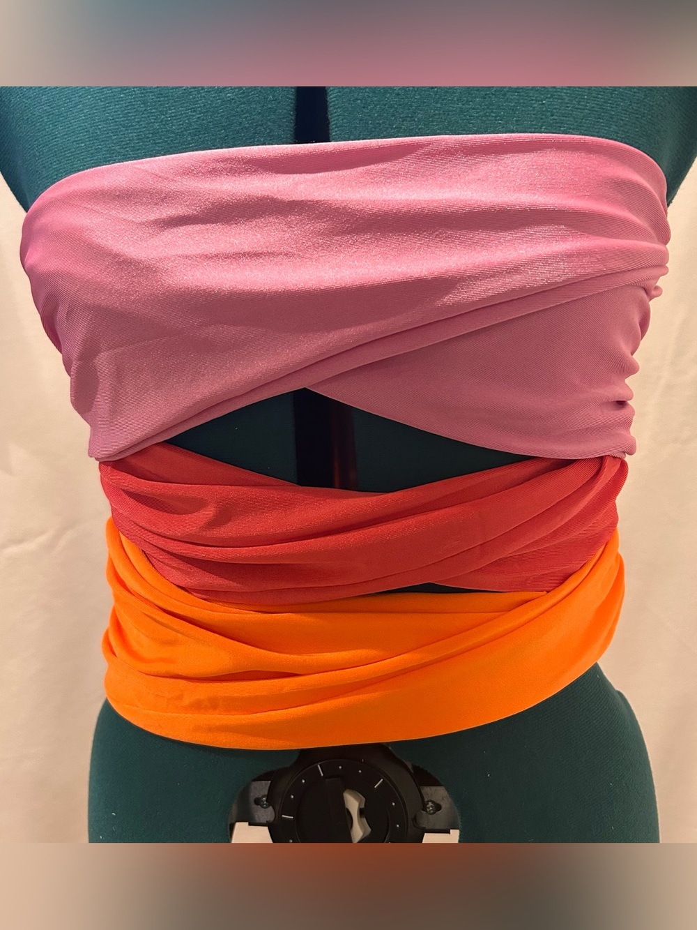 Three-Tone Twist Strapless Crop Top - Pink, Red, Orange